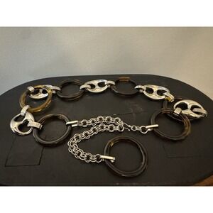 Vintage Tortoise Silver Chain Link Belt Adjustable Size 30-39 Inch Boho‎ 90s Y2K